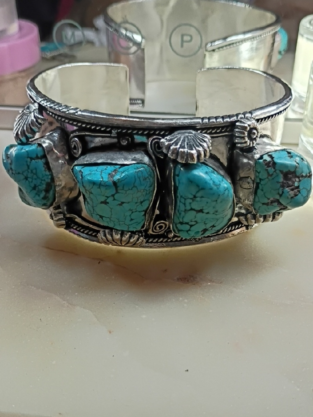 Silver Cuff Bracelet with Turquoise Stones - Women Jewelry
